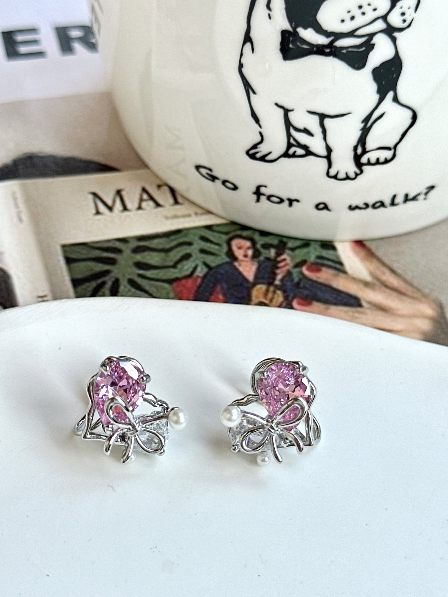 Pink Zircon Heart with Bow Clip On Earrings