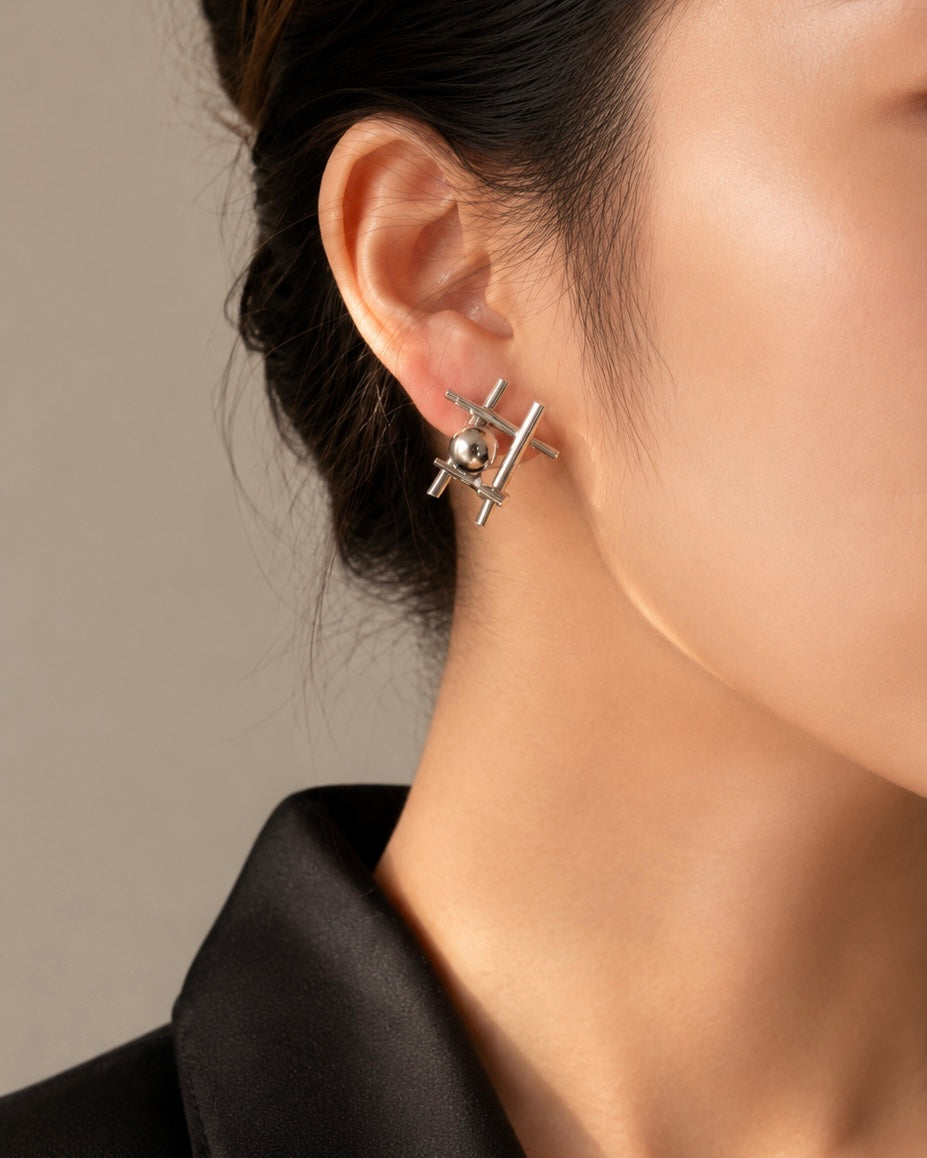 Silver Metal Tic-Tac-Toe with Ball Clip On Earrings