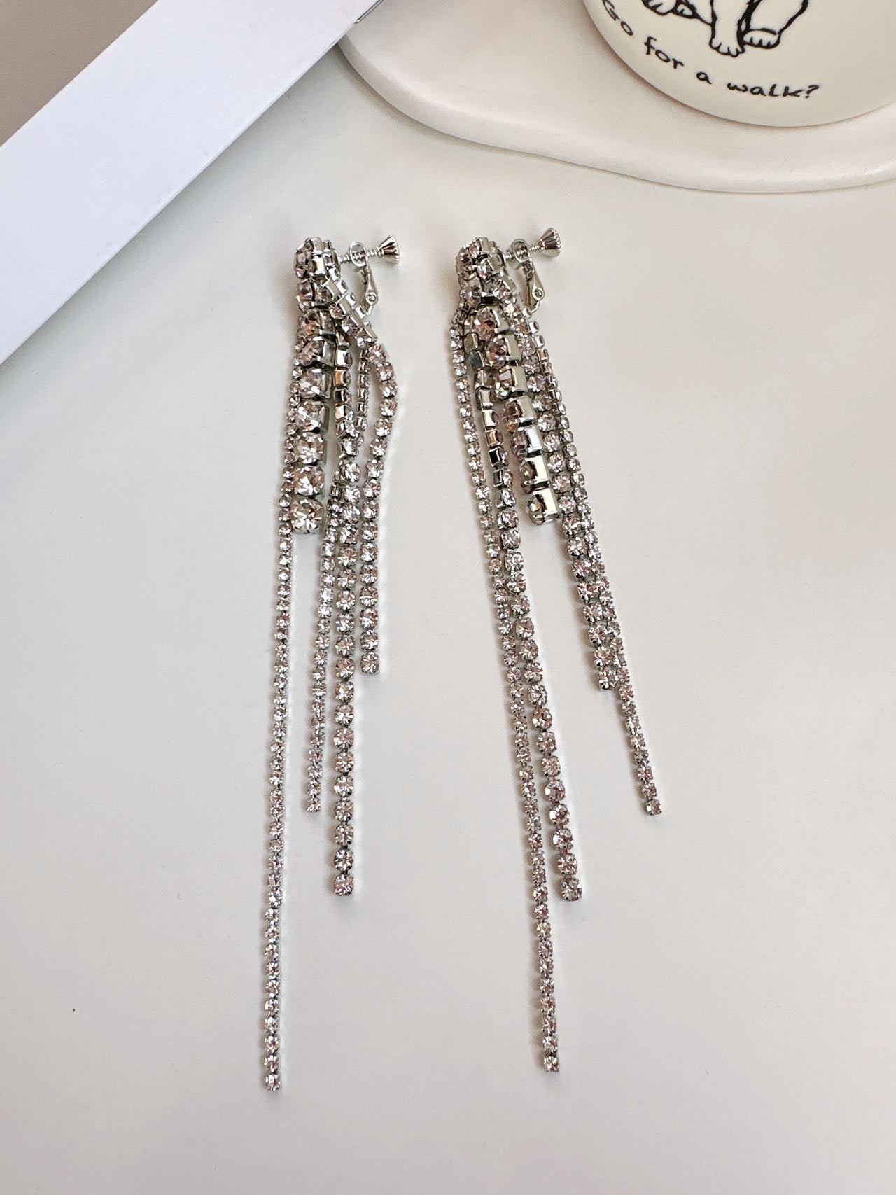 Multi Diamante Long Tassel Clip On Earrings