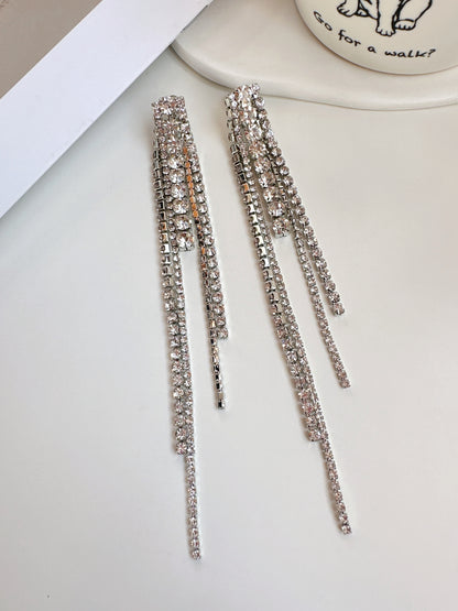 Multi Diamante Long Tassel Clip On Earrings