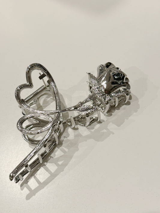 Silver Metal Heart and Rose Hair Claw Clip