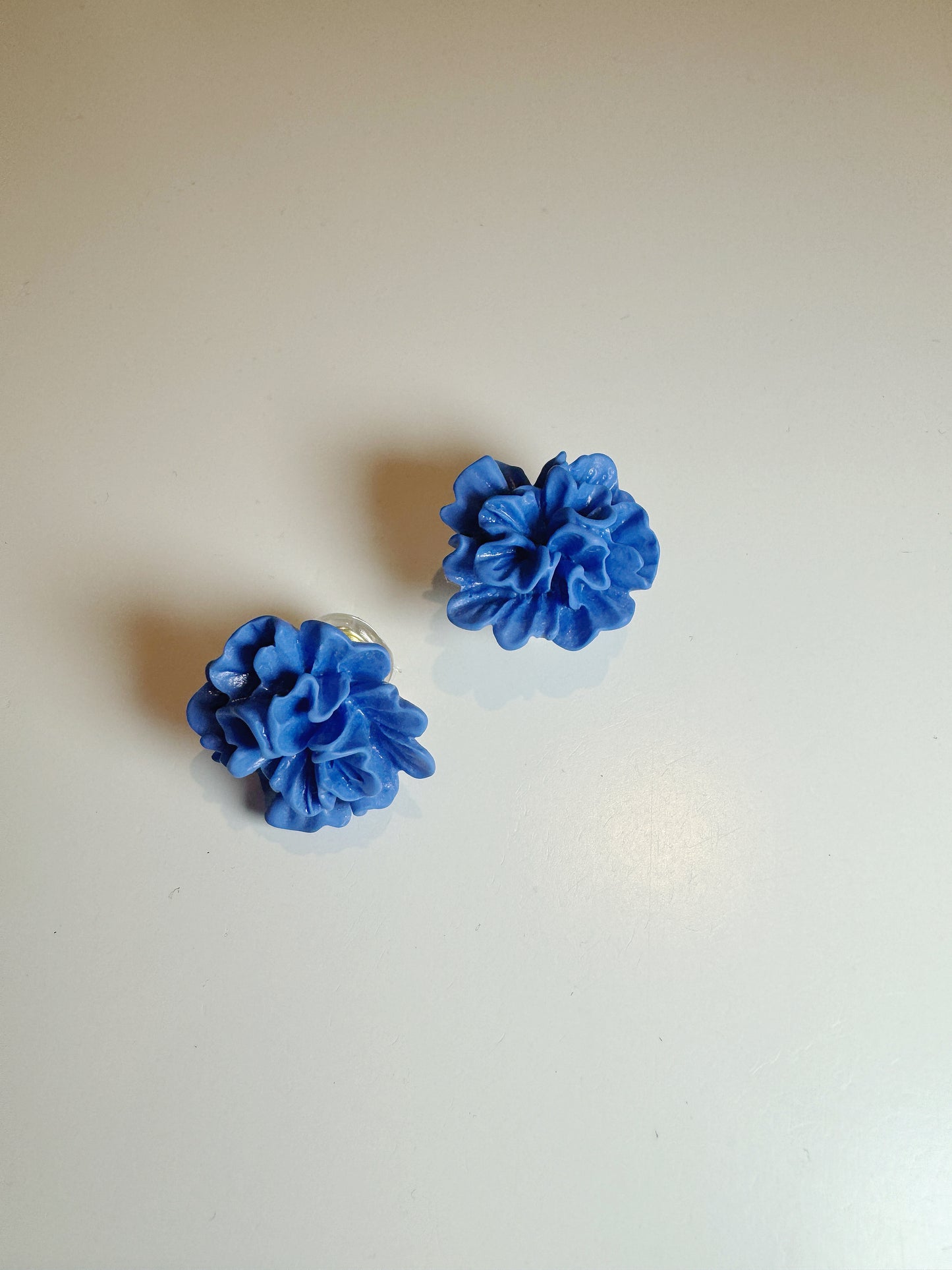 Blue Pleated Flower Clip On Earrings. Handmade clip-on earrings for women.