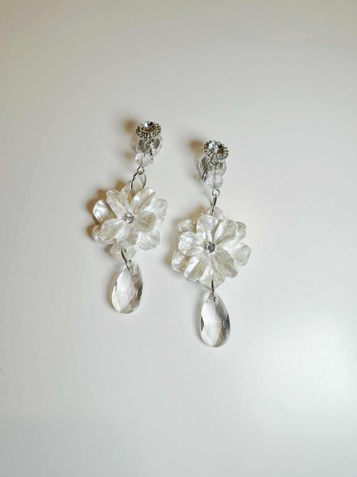 White Camellia with Crystal Pendant Clip On Earrings