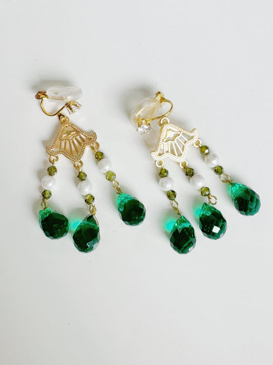 Emerald Cascade Handmade Natural Stone Clip-On Earrings. natural stone clip-on earrings for women.