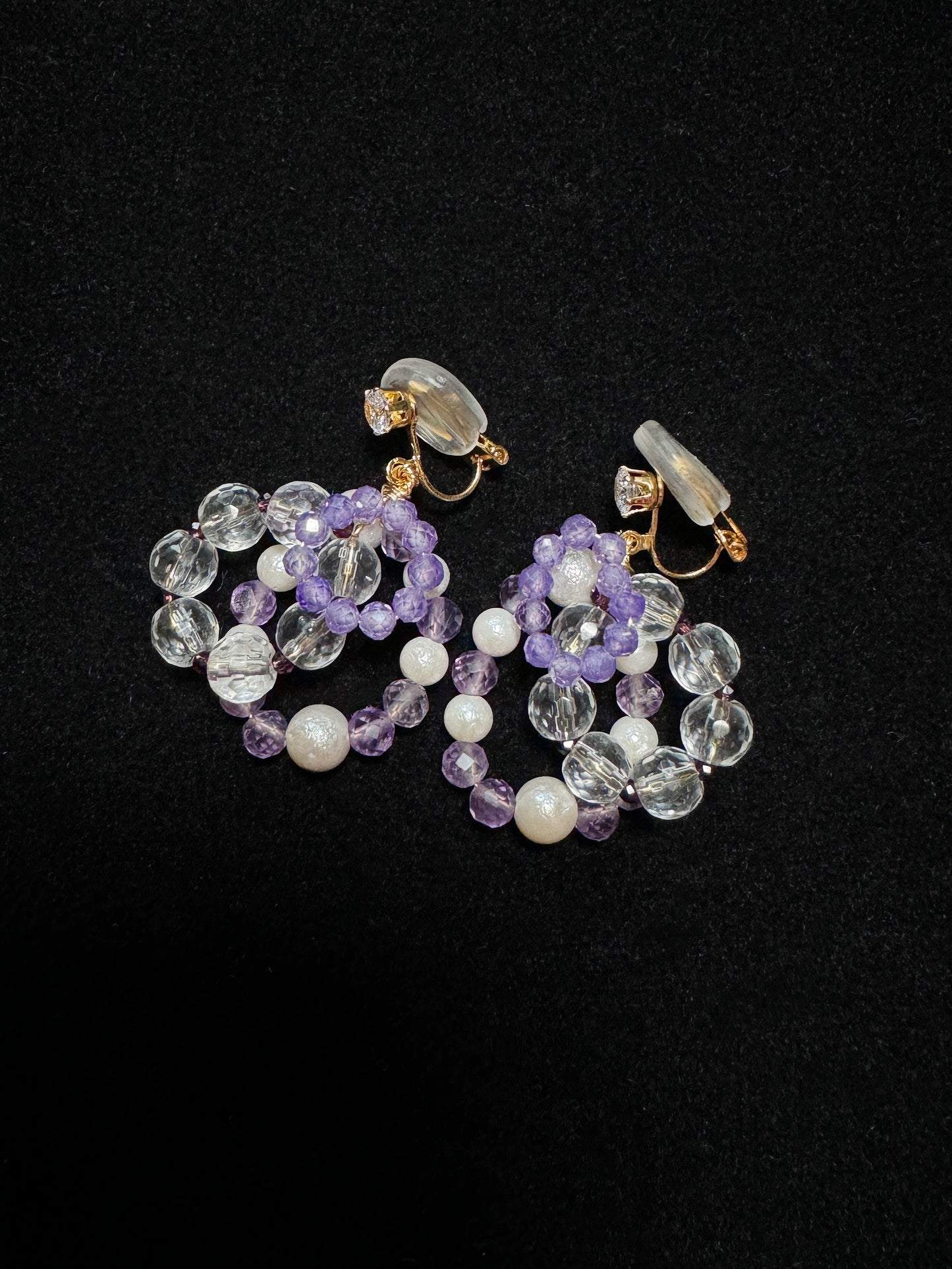 Handmade Three-Layer White Crystal, Amethyst, and Freshwater Pearl Ear Clips Large. pearl clip-on earrings for women.