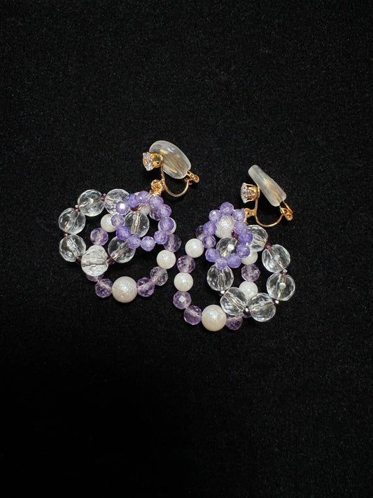 Handmade Three-Layer White Crystal, Amethyst, and Freshwater Pearl Ear Clips Large