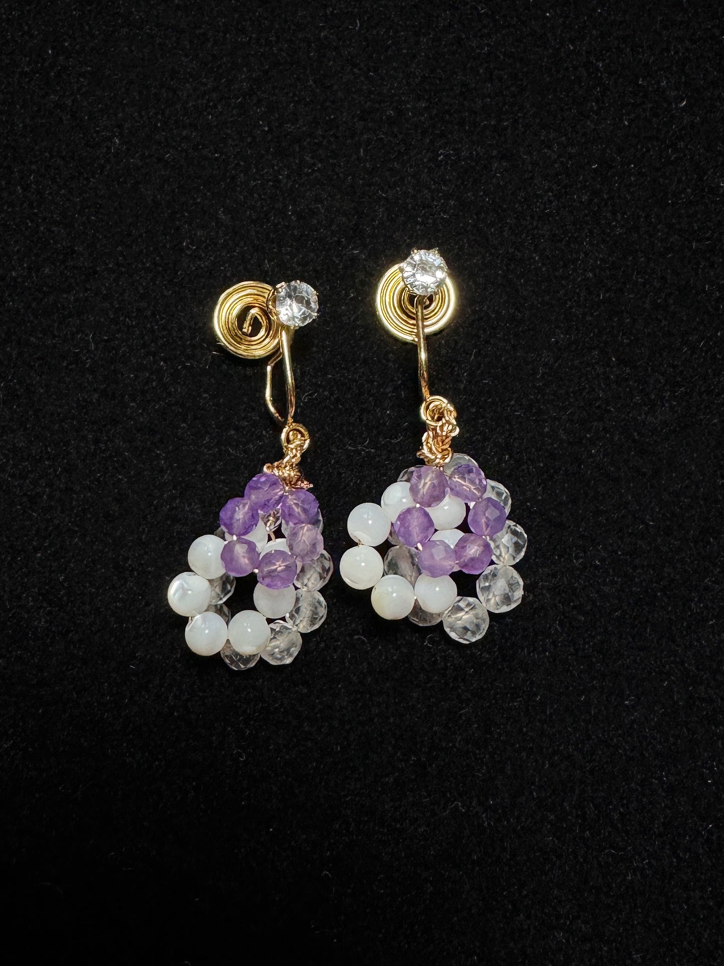 Handmade Three-Layer White Crystal, Amethyst, and Freshwater Pearl Ear Clips