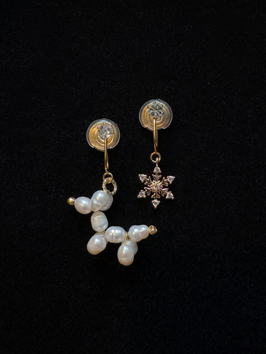 Handmade Vintage Pearl Balloon Puppy + 18k Gold Snowflake Clip-on Earrings