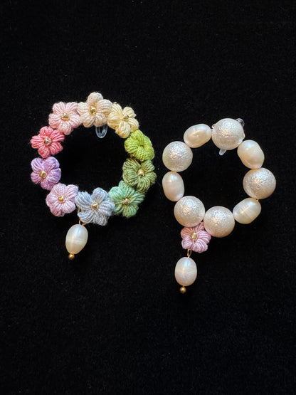 Handmade Knitted Rainbow Color Small Flower Mismatch Freshwater Pearl Ear Clips