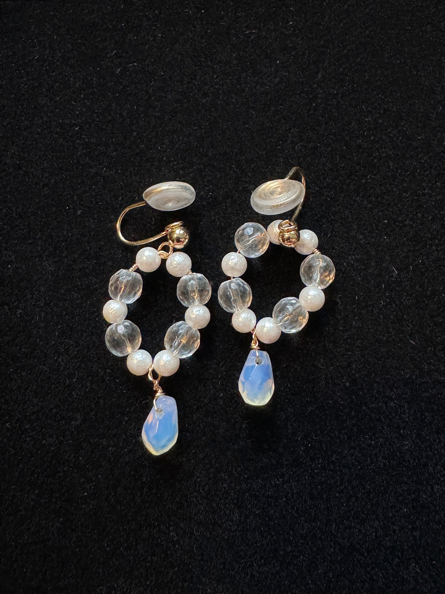 Handmade White Crystal Pearl Moonstone Pendant Ear Clips