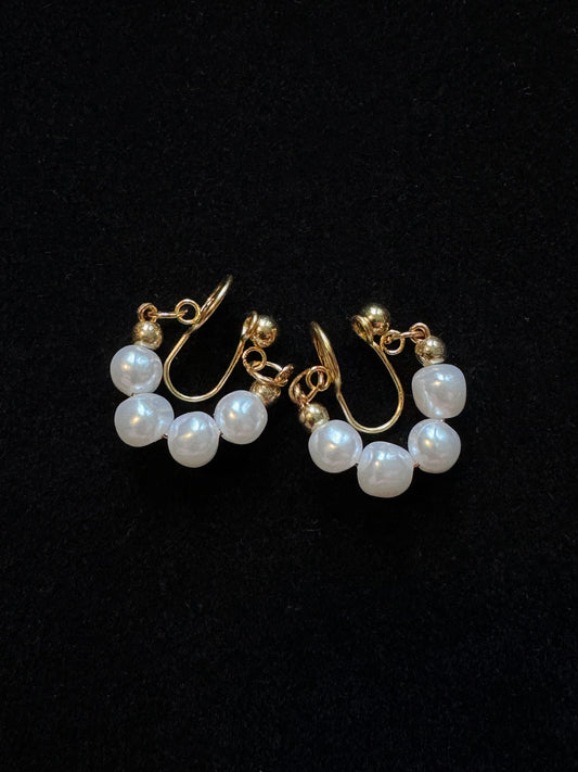 Handmade French Vintage Pearl Front-Back Dangle Clip Earrings Small Size