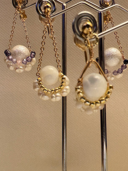 Handmade Freshwater Pearl Golden French-style Ear Pendant Ear Clips