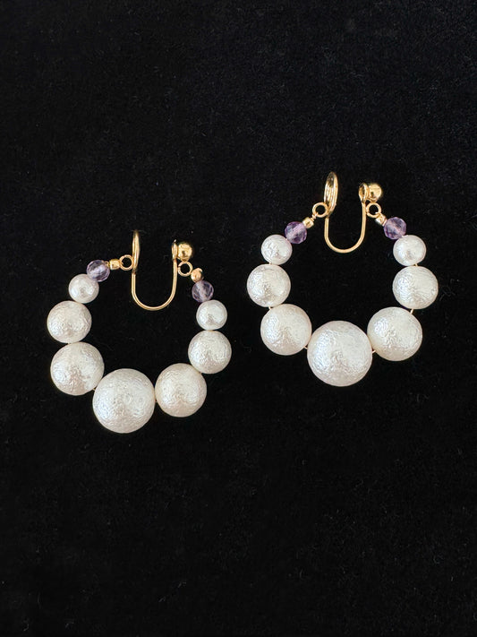 Handmade French Vintage Pearl + Amethyst Front-Back Dangle Clip on Earrings