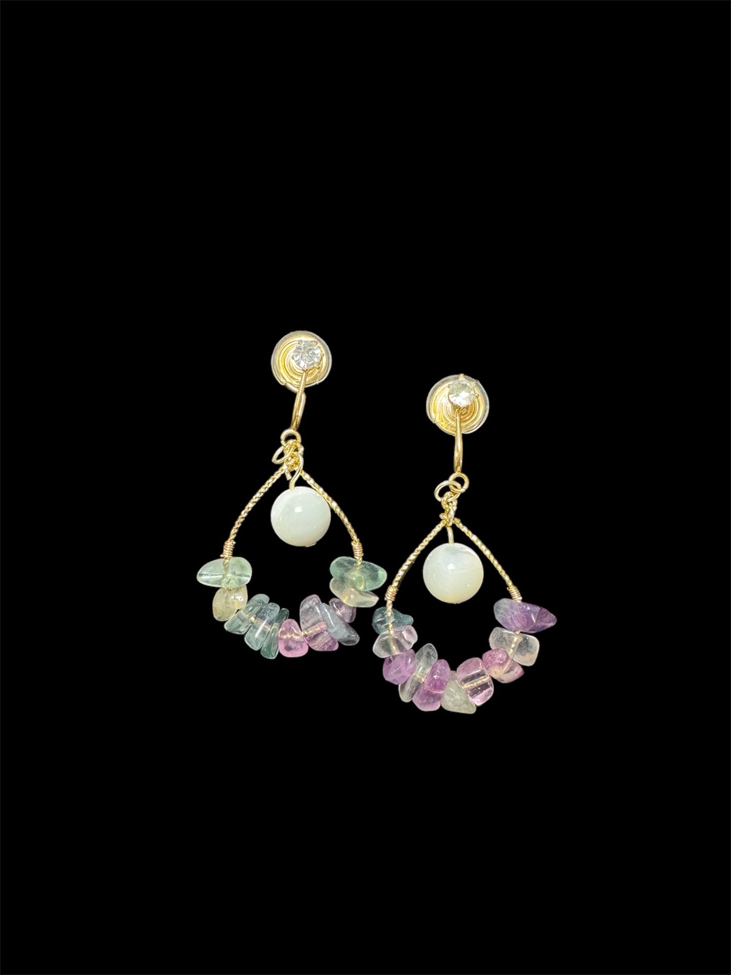 Handmade Fluorite and Shell Pearl Teardrop Clip on Earrings