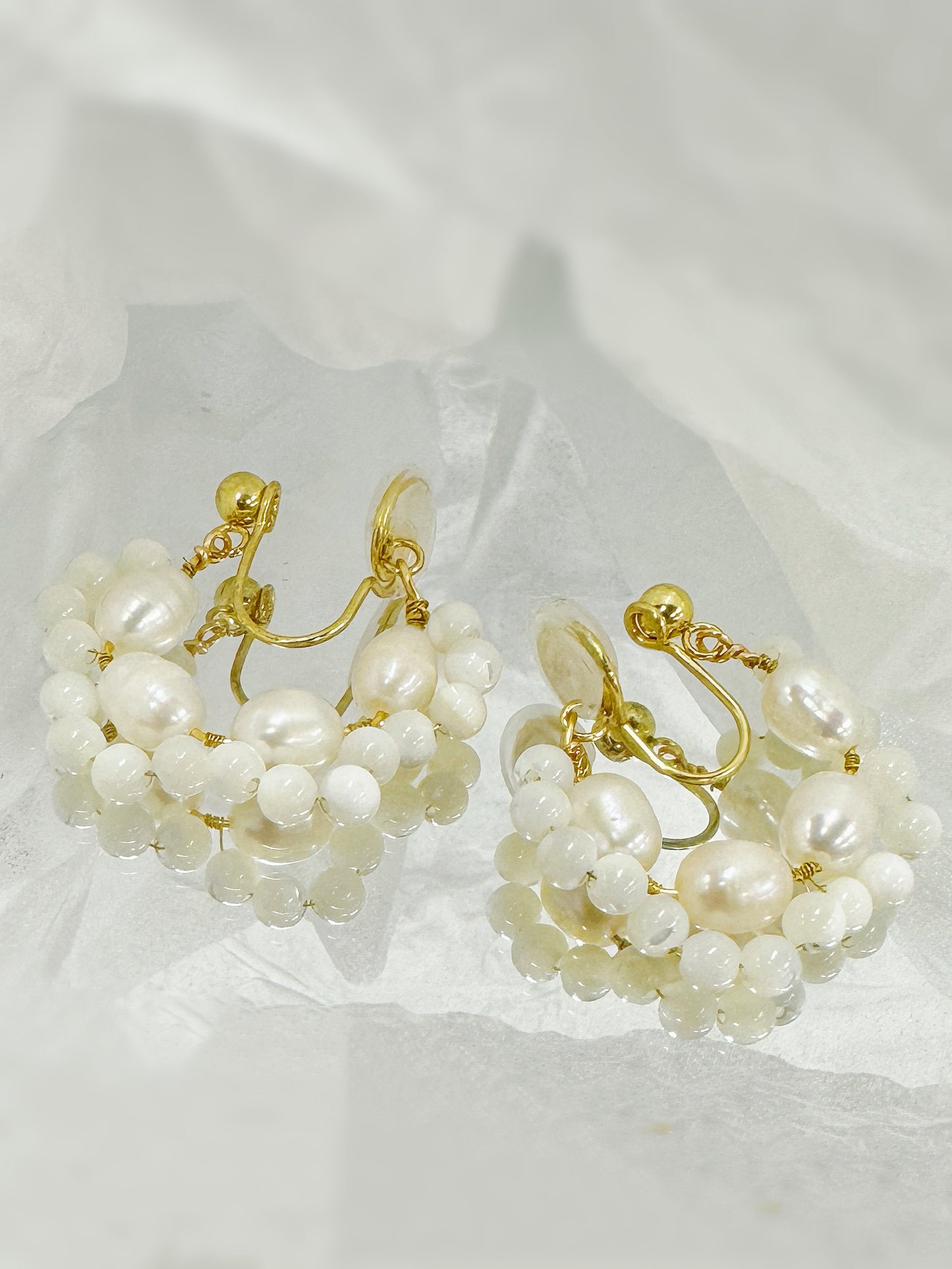 Double Layers Pearl Hoop Clip-On Earrings – Handmade Jewelry. pearl clip-on earrings for women.