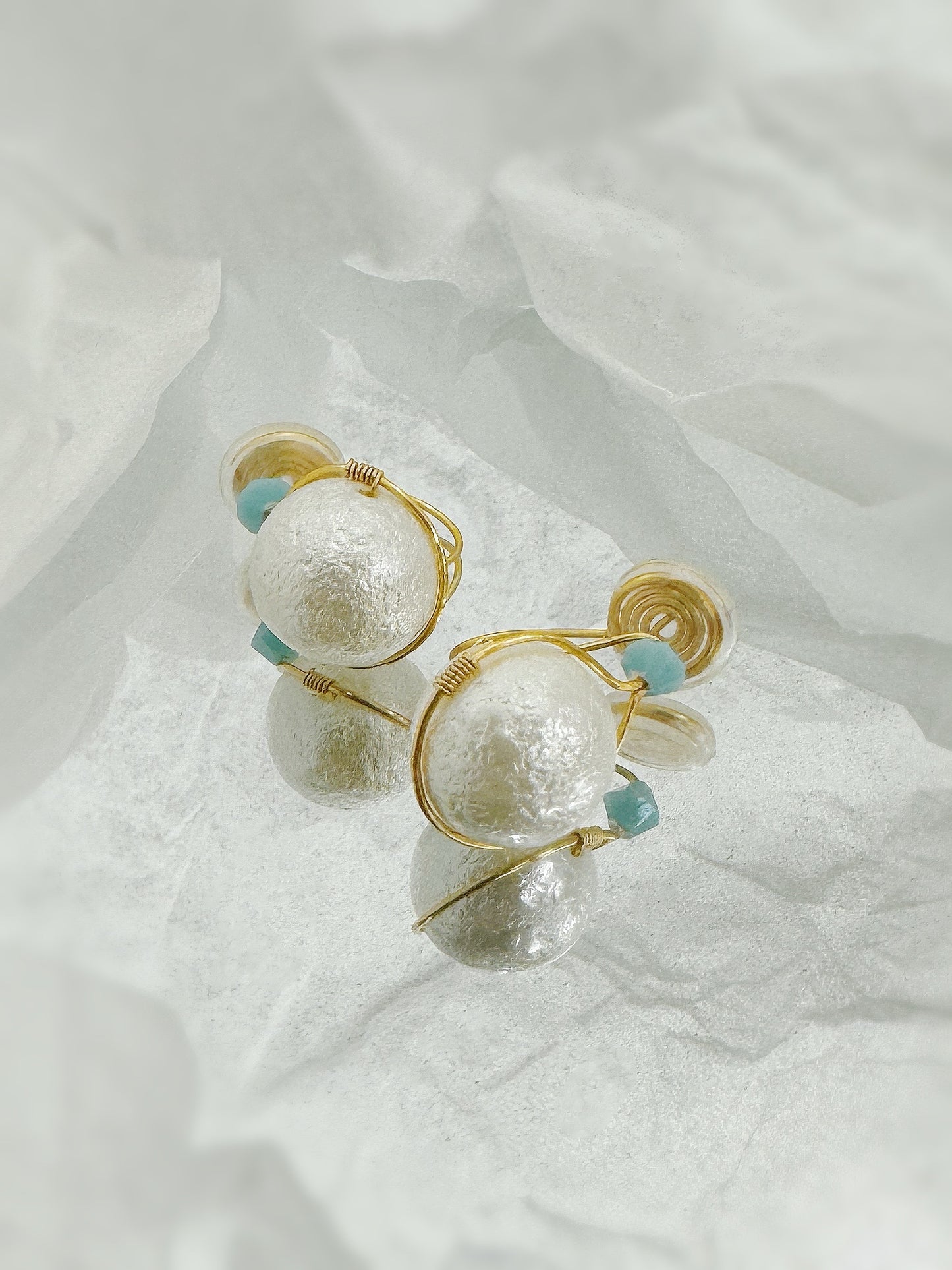 Golden Pearl Twist Clip-On Earrings with Natural Stones Handmade