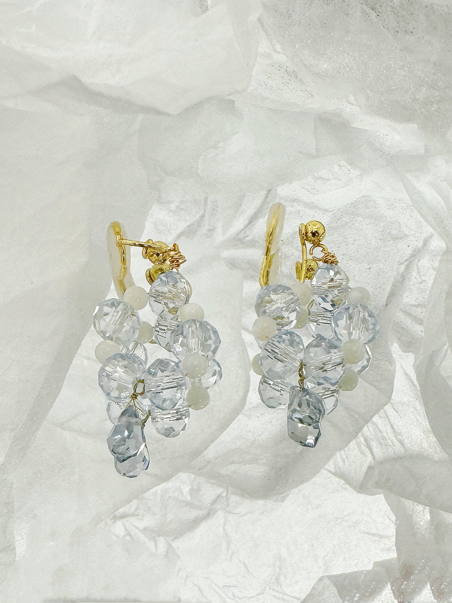 Crystal Cascade Blue Quartz Waterfall Clip-On Earrings Handmade. Handmade clip-on earrings for women.