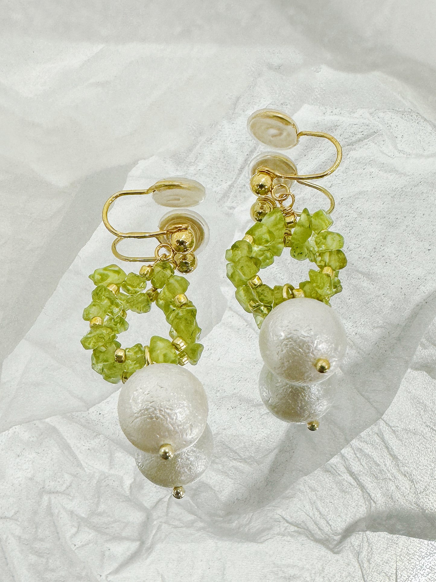 Spring Blossom Peridot & Pearl Floral Clip-On Earrings Handmade. pearl clip-on earrings for women.