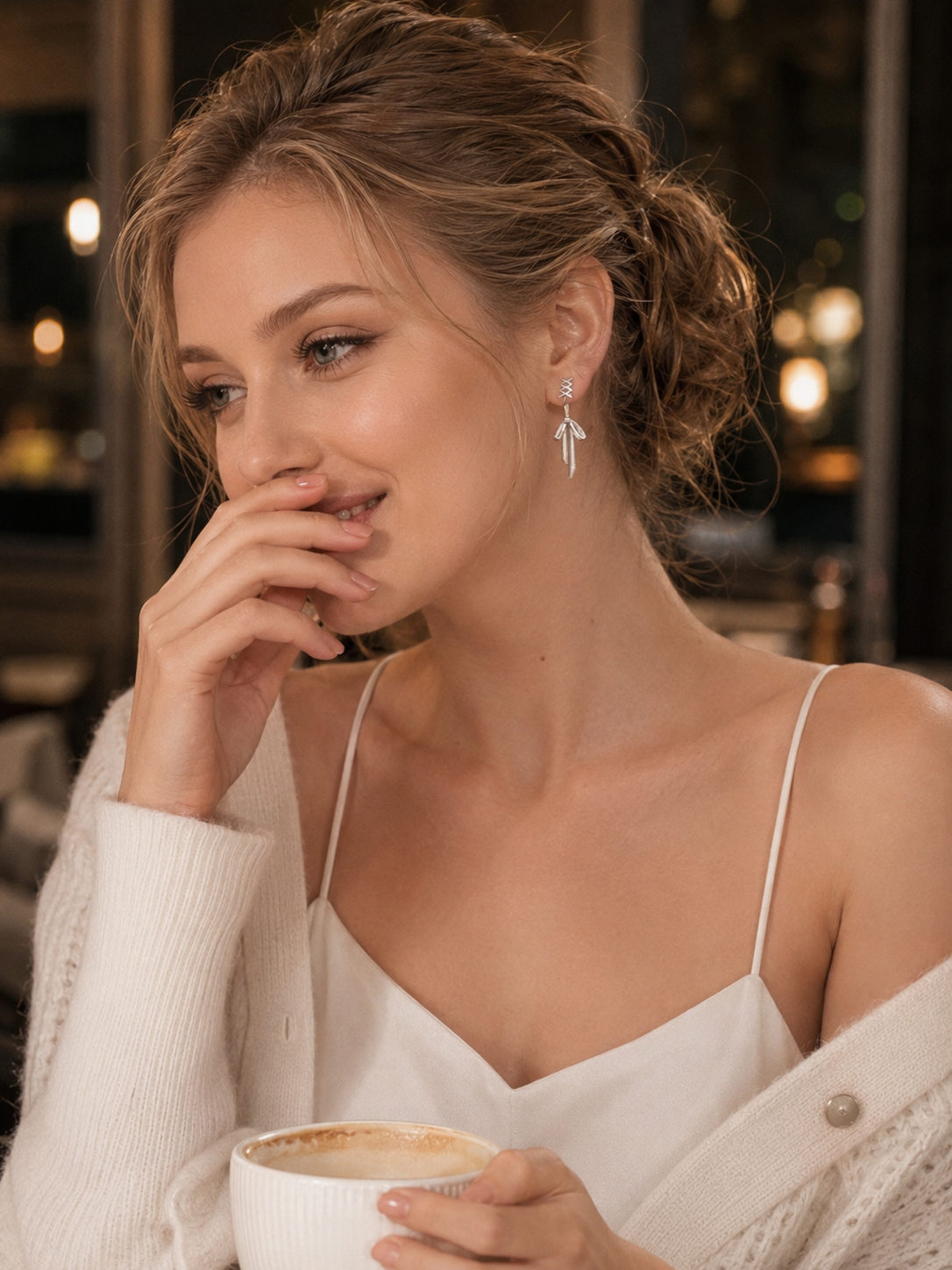 Model wearing Silver bow drop clip-on earrings