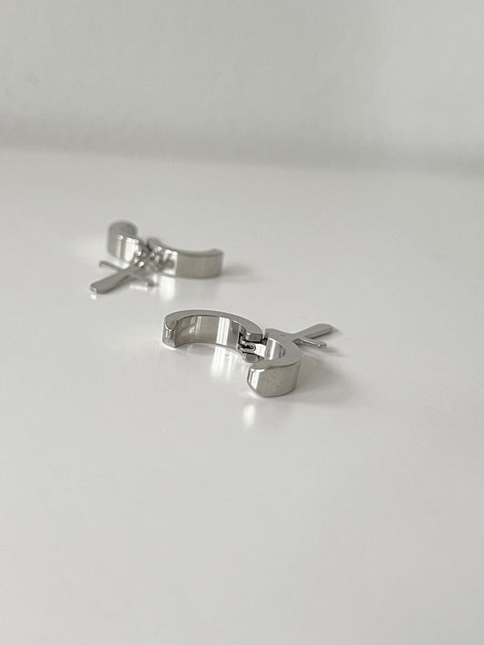Men's Stainless Steel Silver Cross Clip On Hoop Earrings