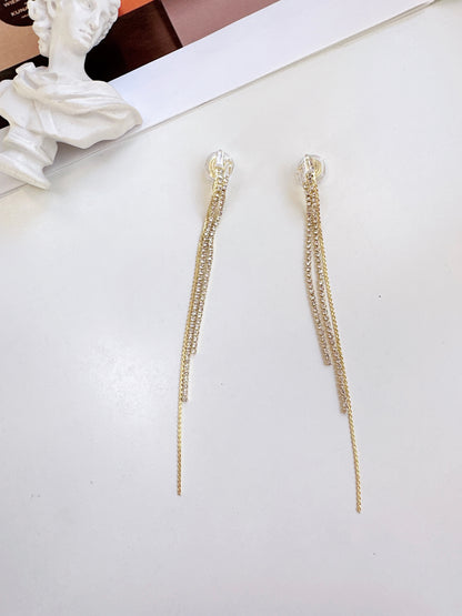 Golden Zircon Long Cup Chain Tassel Clip On Earrings. gold-tone clip-on earrings for women.