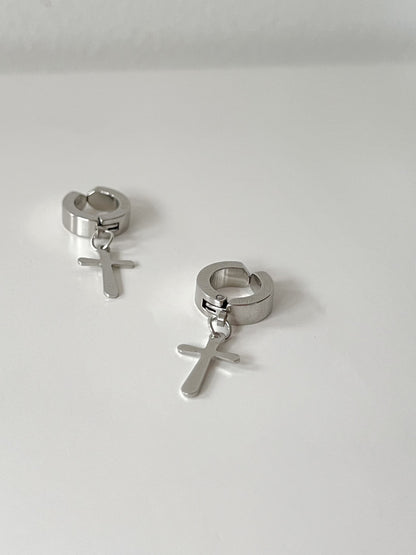 Men's Stainless Steel Silver Cross Clip On Hoop Earrings. silver-tone clip-on earrings for women.