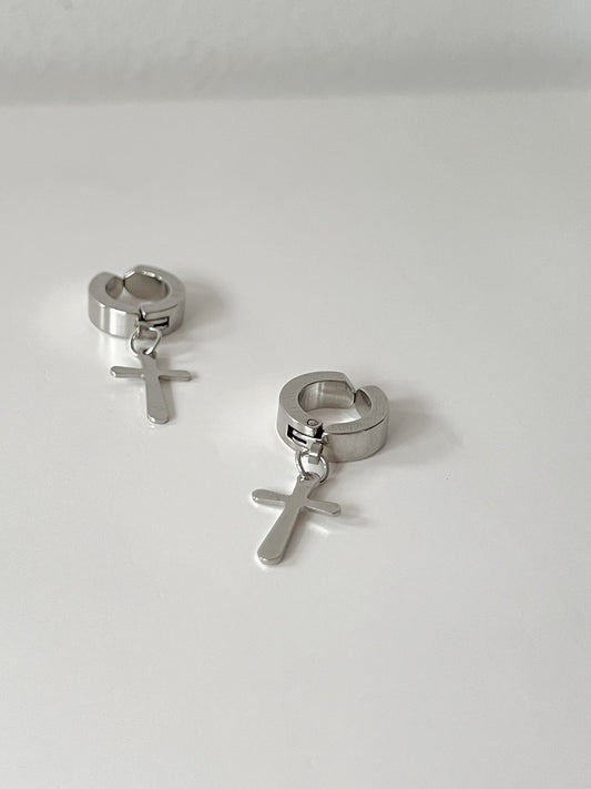 Men's Stainless Steel Silver Cross Clip On Hoop Earrings