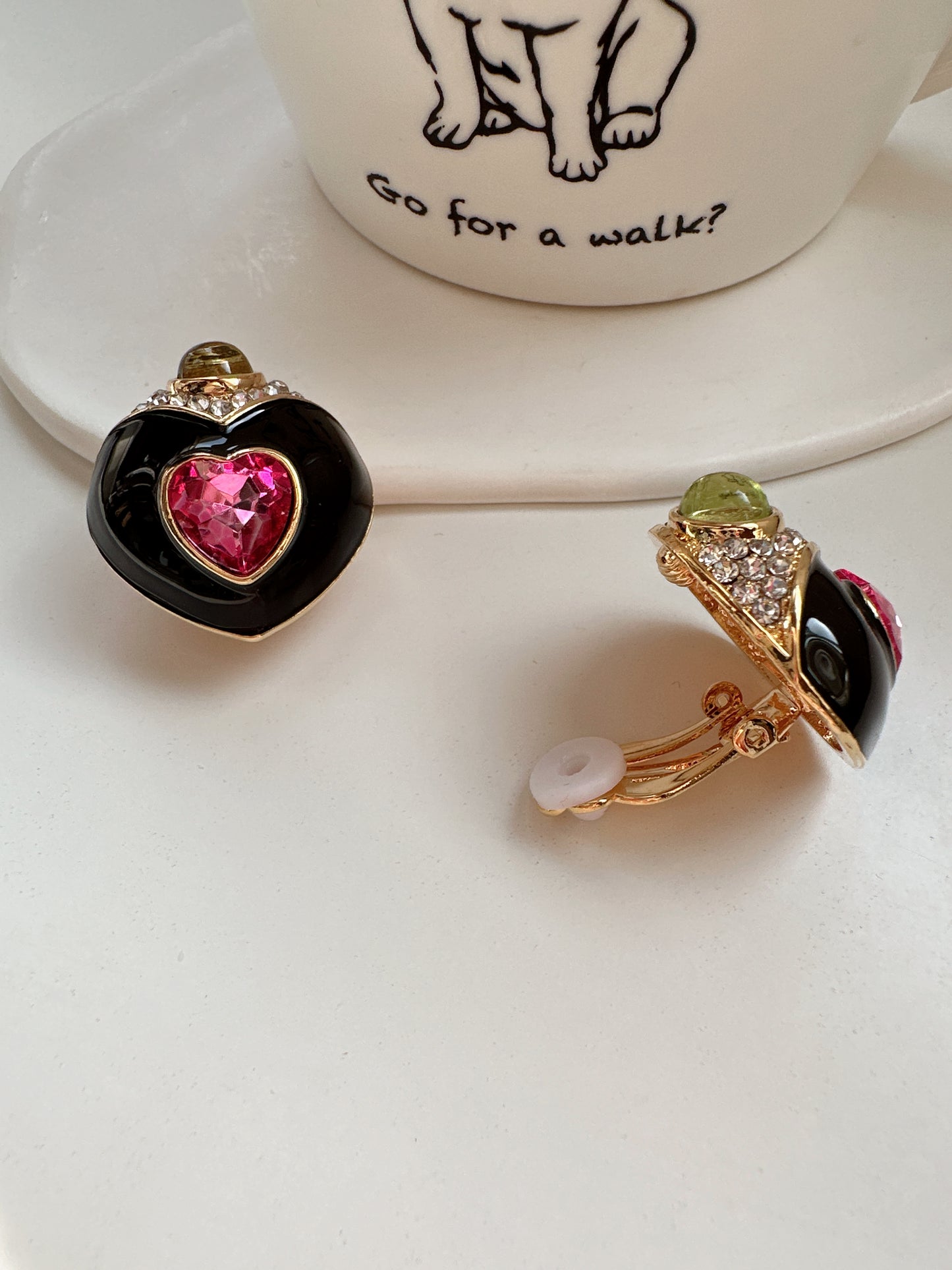 Vintage Pink Crystal Black Heart Clip On Earrings