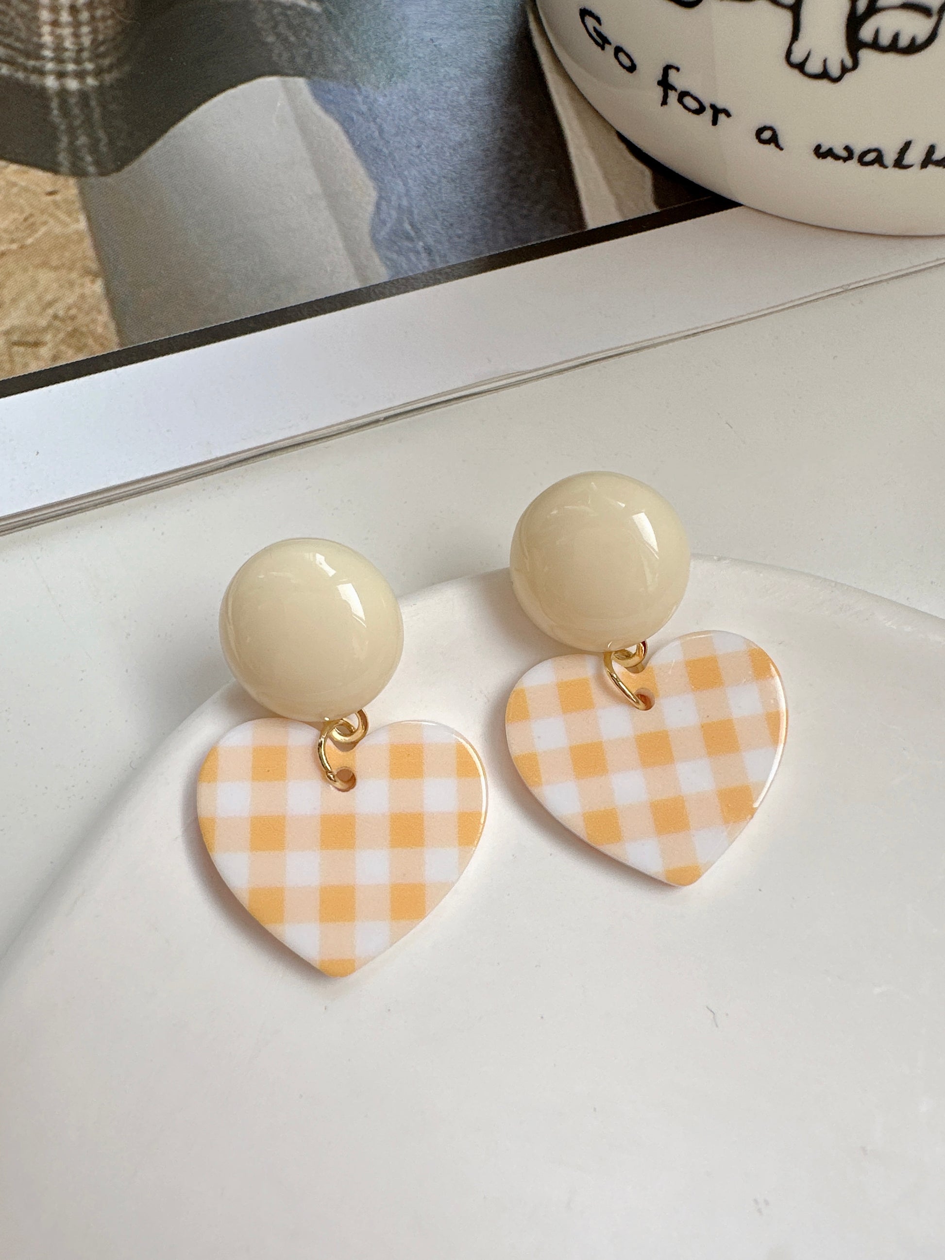 Acrylic Yellow Heart Drop Earrings. Handmade clip-on earrings for women.