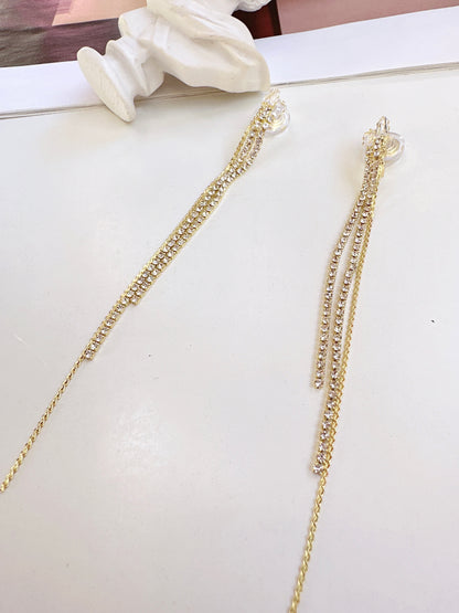 Golden Zircon Long Cup Chain Tassel Clip On Earrings