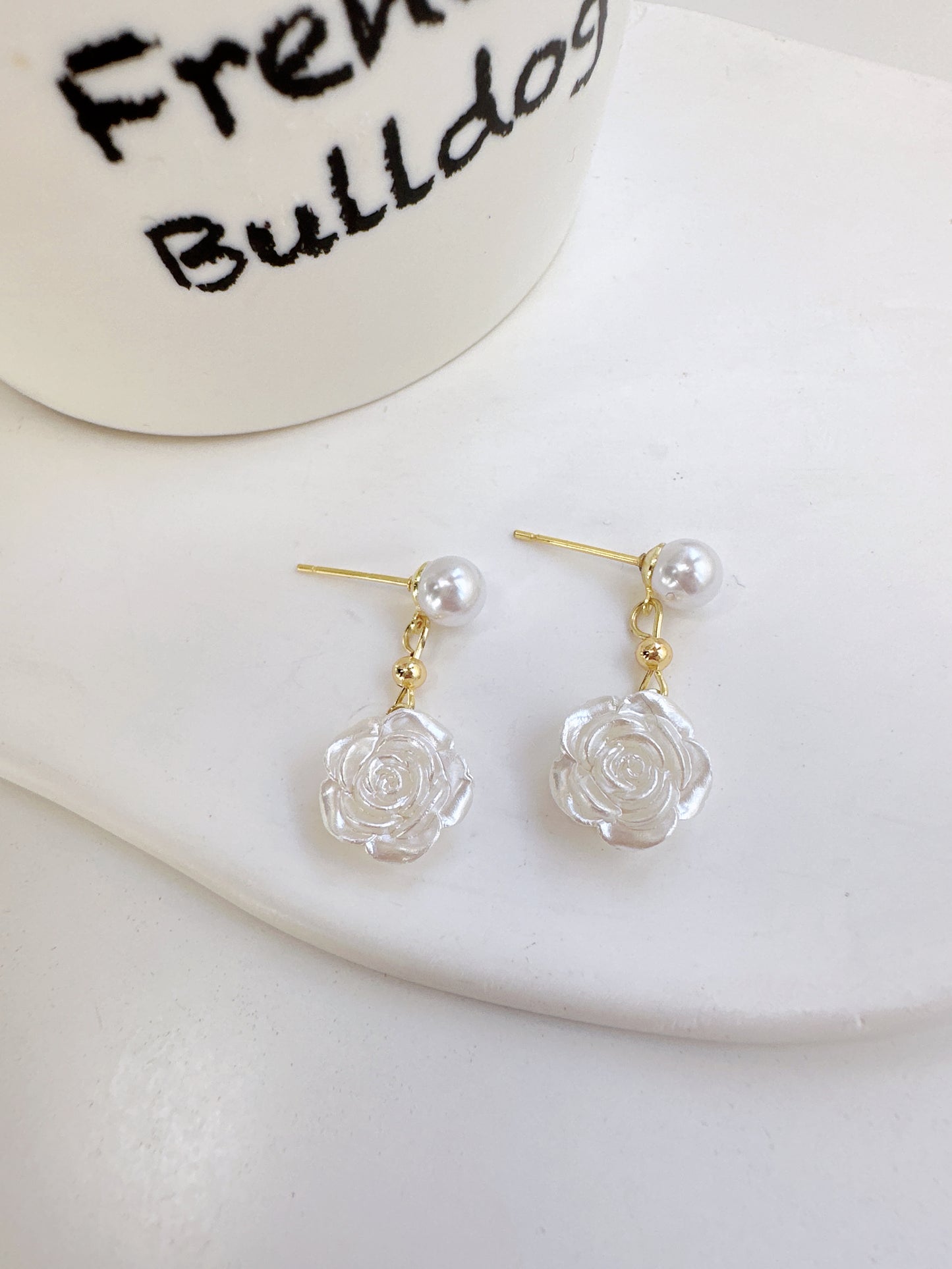 Pearlised White Camellia Drop Earrings