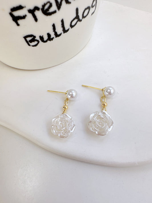 Pearlised White Camellia Drop Earrings