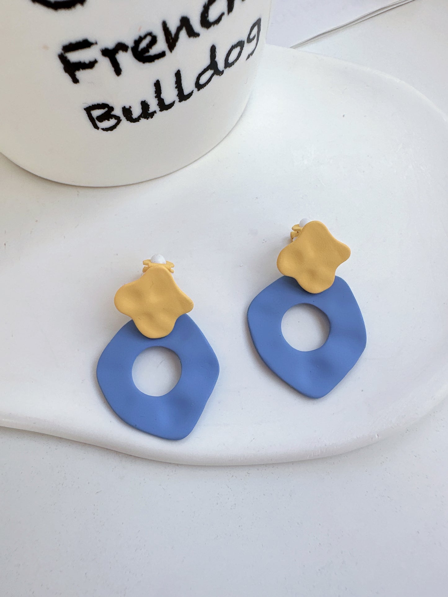 Yellow and Blue Metal Clip On Earrings