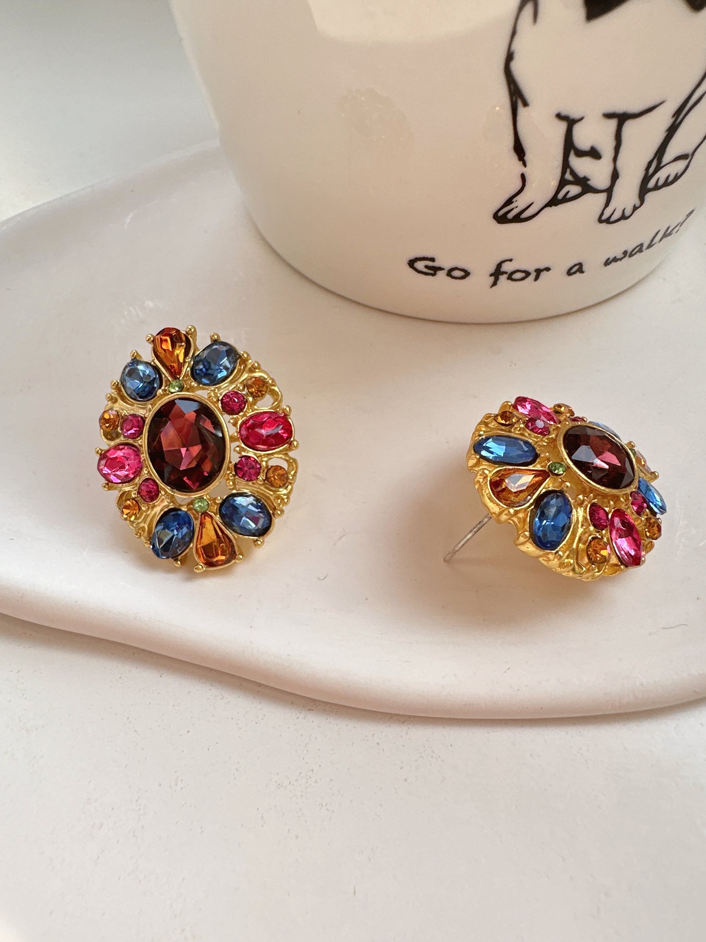 Vintage Pink and Blue Diamante Stud Earrings