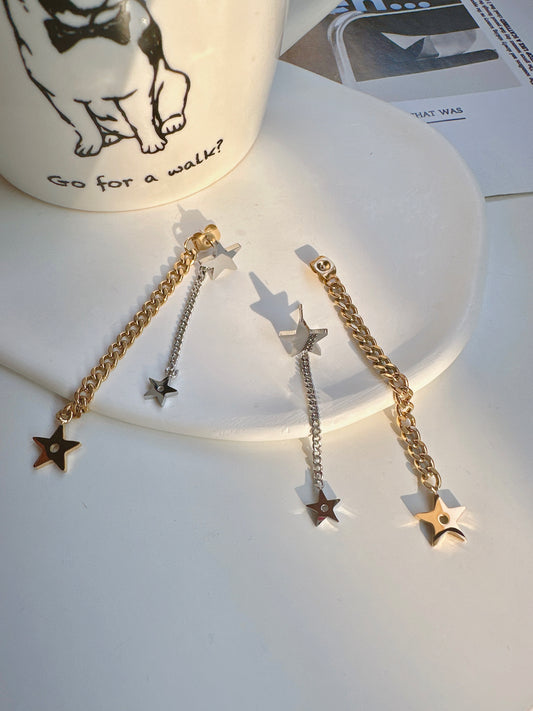 Titanium Steel Golden and Silver Double Chain Star Drop Earrings