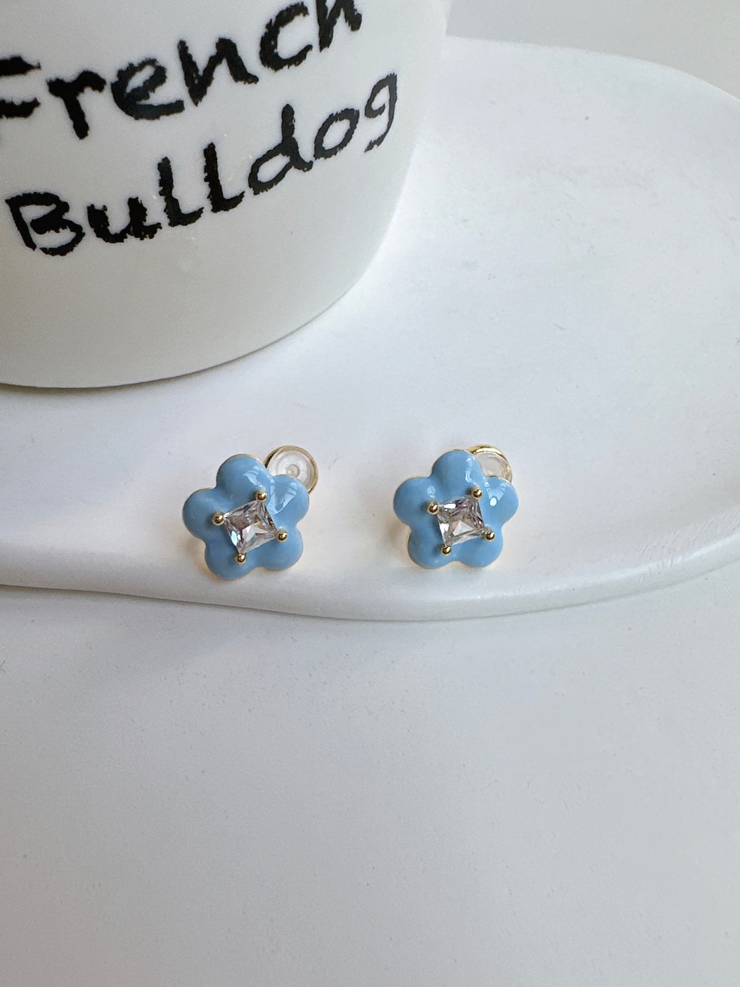 Sky Blue Zircon Flower Clip On Earrings