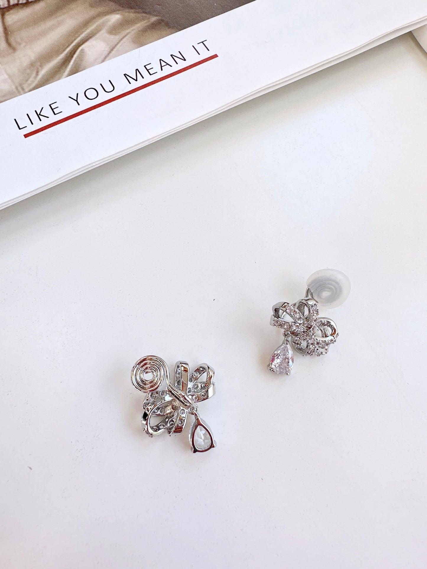 Silver Bow Zircon Drop Clip On Earrings