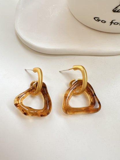 Golden Matte Acrylic Trangle Stud Earrings Amber. gold-tone clip-on earrings for women.