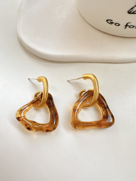 Golden Matte Acrylic Trangle Stud Earrings Amber