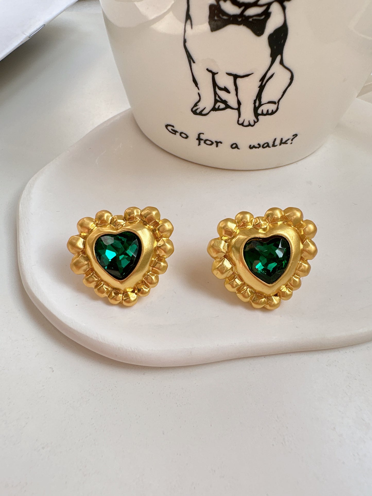 Vintage Green Crystal Golden Heart Stud Earrings