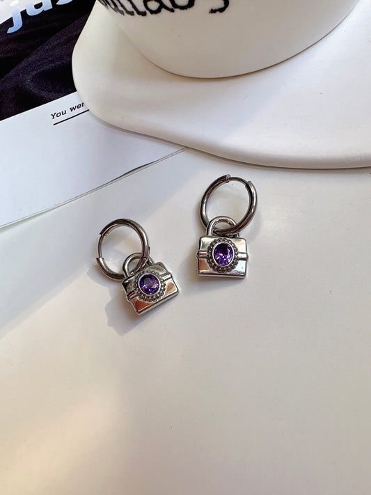 Titanium Steel Silver Lock with Purple Zircon Hoop Earrings