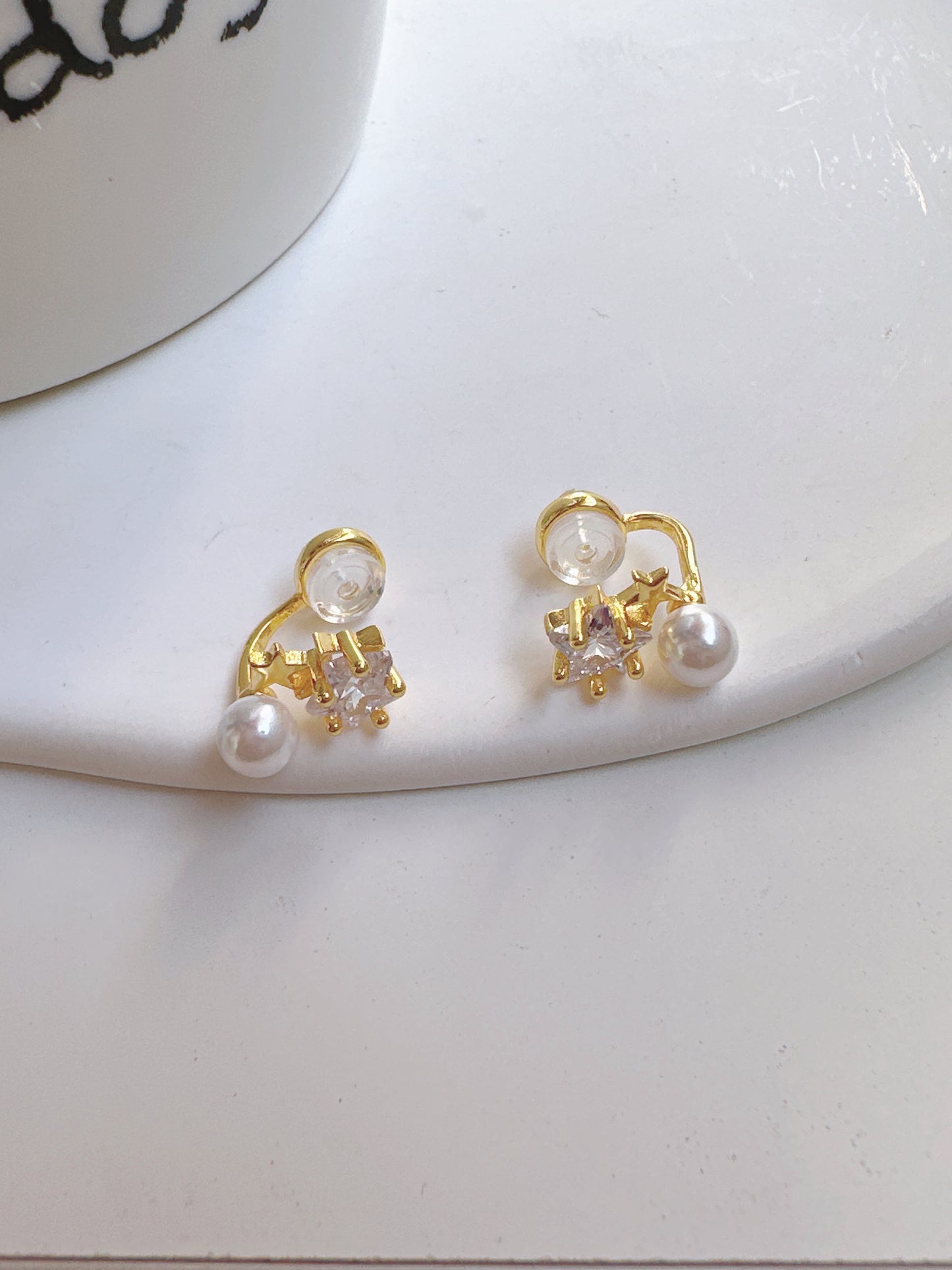 Zircon Star and Pearl Clip On Earrings