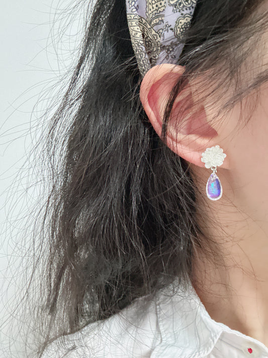 White Flower with Transparent Drop Earrings