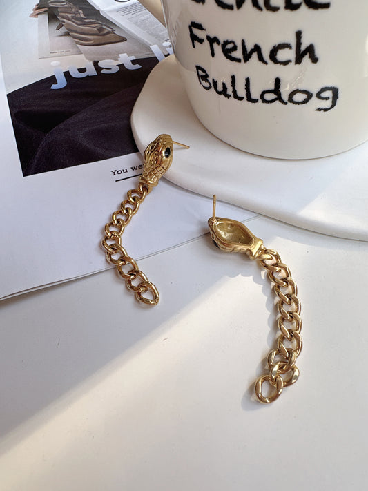 Titanium Steel Golden Black Zircon Snake Chain Earrings