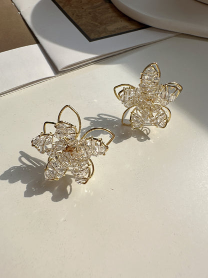 Golden Beaded Flower Stud Earrings