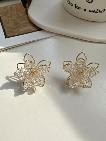 Golden Beaded Flower Stud Earrings