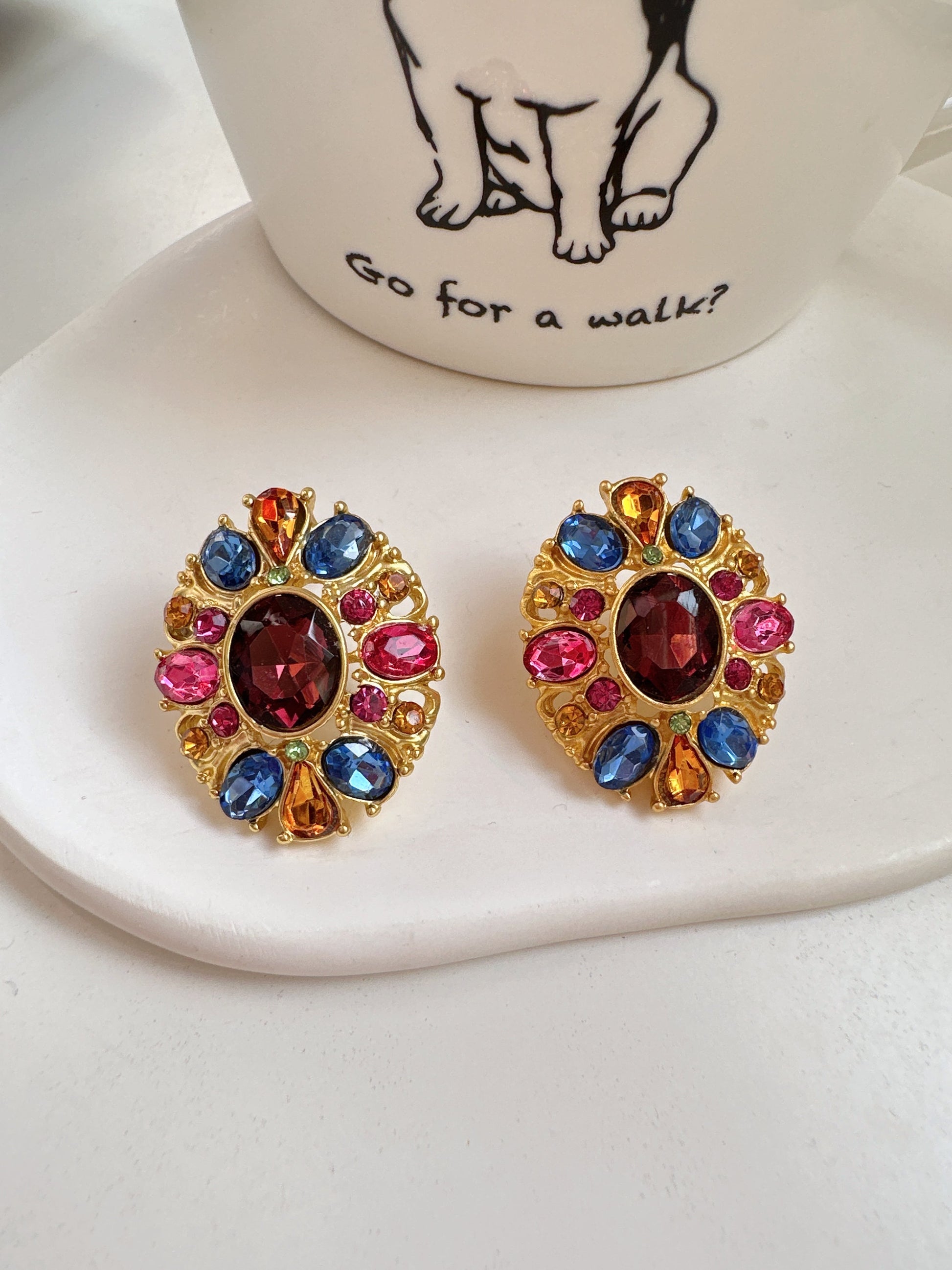 Vintage Pink and Blue Diamante Stud Earrings. vintage clip-on earrings for women.