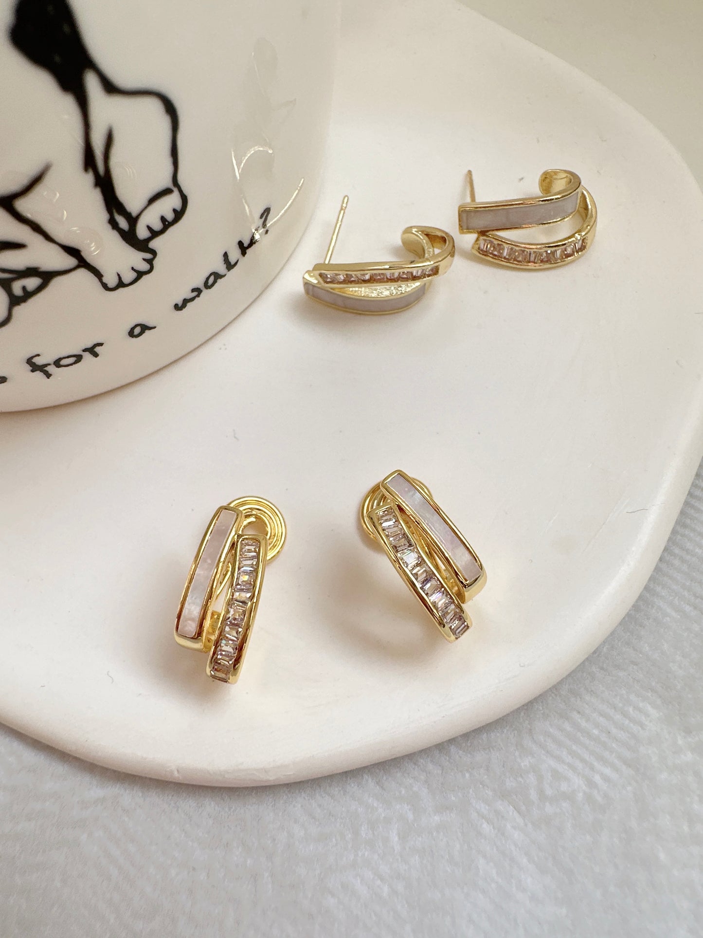 Golden Nacre with Zircon Clip On Earrings