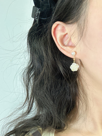 Pearlised White Camellia Drop Earrings