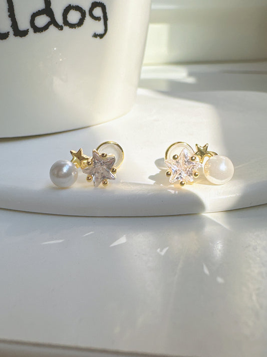 Zircon Star and Pearl Clip On Earrings